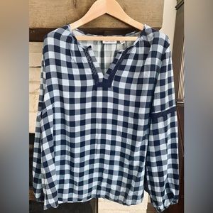 Denim & Co Plaid Long Sleeve Blouse with Crochet Insets